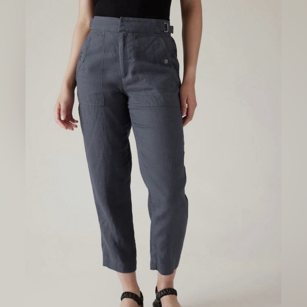Athleta Voyager Linen High Rise Ankle Pants Granite Blue 6 Adjustable Waist Crop